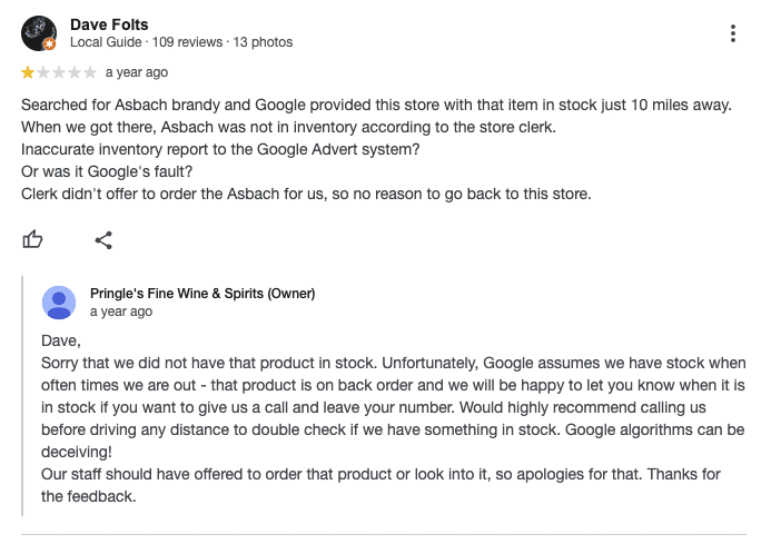 Screenshot 2025 04 02 at 4.45.27 PM / How to Respond to Online Reviews 7 / Beyond Blue Media a screenshot of a negative review for pringles fine wine and spirits